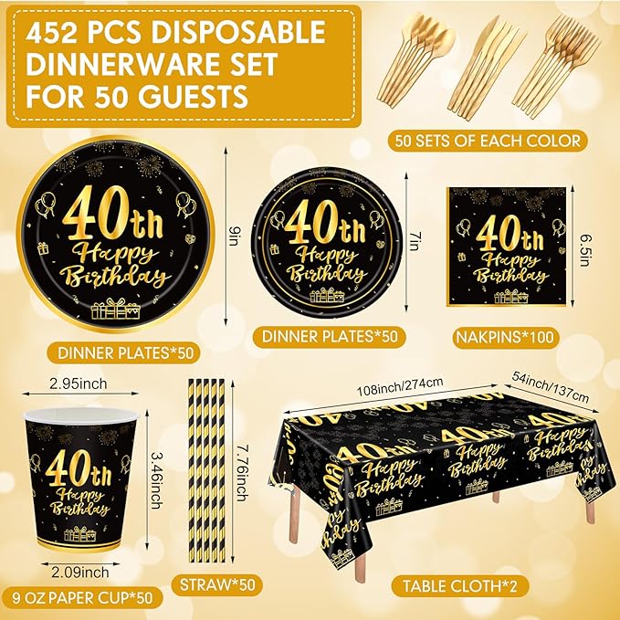 Funnymoom 452 Pcs 40th Birthday Party Decorations Set for Men Women, Black and Gold Happy 40th Birthday Paper Plates Napkins Cups Tablecloth Cutlery Straws for Cheers to 40 Years Anniversary Party