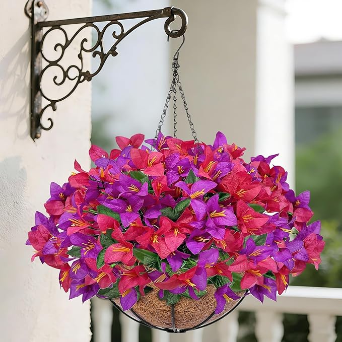 Artificial Fake Hanging Flowers Plants Baskets for Outdoors, Faux Silk Bougainvillea in Planter UV Resistant Realistic Spring Summer Decoration for Outside Porch Patio Yard Home Decor (Purple Hotpink)