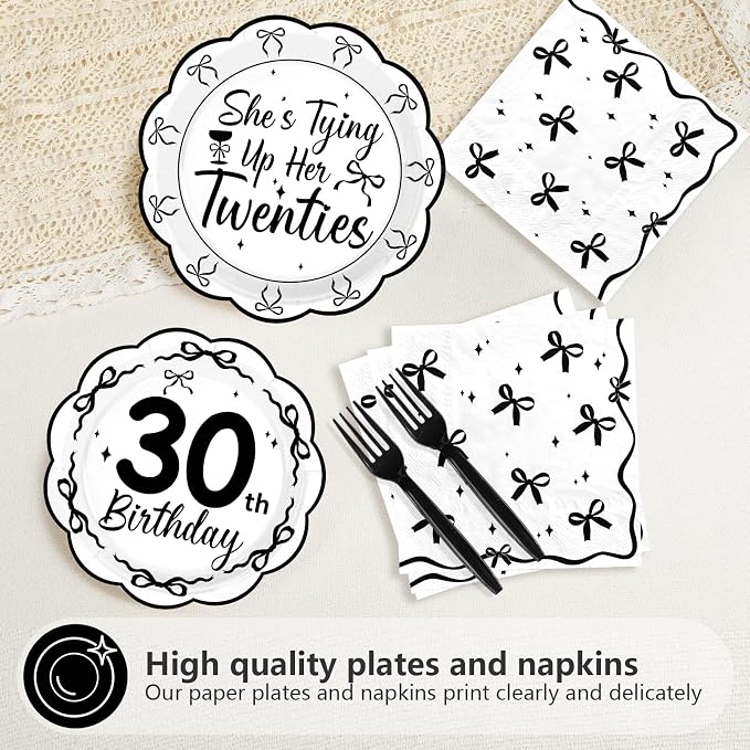 96Pcs Black Bow 30th Birthday Party Decorations, Serves 24 | She's Tying up Her Twenties Plates and Napkins Scalloped Black and White Bow Tableware Set for 30 Year Old Women Rip 20s Bday