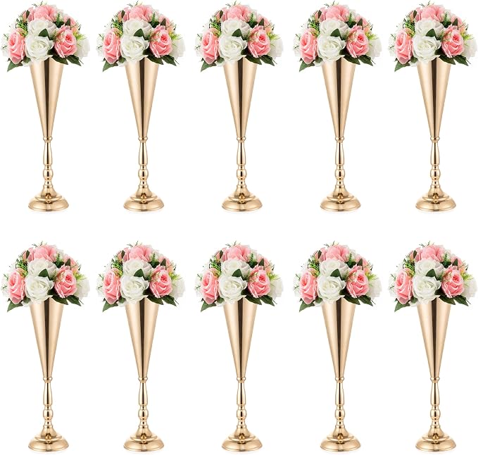 Gold Vase Centerpiece Table Decorations - 10 Pcs Metal Tabletop Flower Stand, Wedding Decorations for Reception, 14in Trumpet Tall Flower Vase for Birthday, Weddings, Anniversary, Home Decor