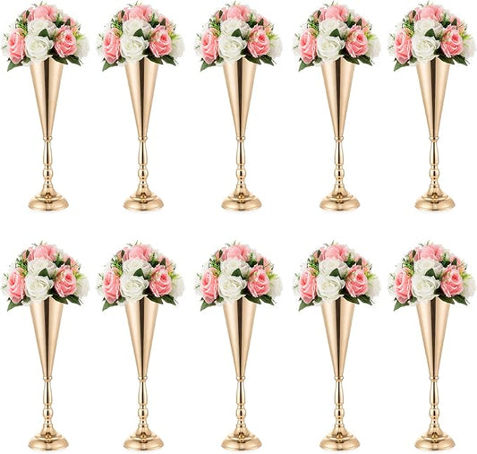 Gold Vase Centerpiece Table Decorations - 10 Pcs Metal Tabletop Flower Stand, Wedding Decorations for Reception, 14in Trumpet Tall Flower Vase for Birthday, Weddings, Anniversary, Home Decor