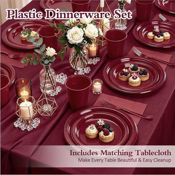 Burgundy Plastic Plates for Party,Disposable Burgundy Party Supplies,30 of Each 9" Dinner,7" Dessert Plate,Napkins,Cups,Forks and 1 Tablecloth Dinnerware for Birthday Wedding Elegant Parties