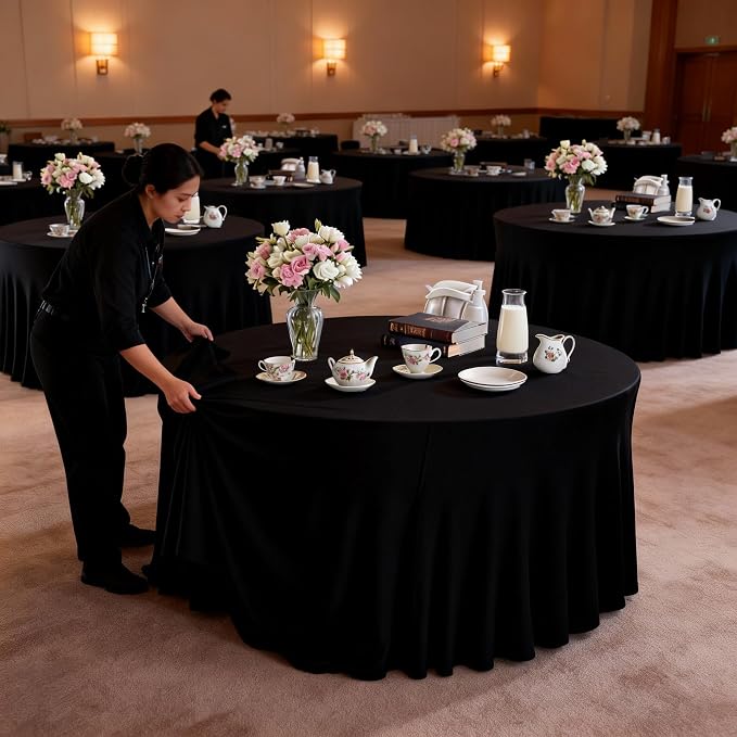 10 Pack Black Round Spandex Tablecloths for 60in Tables, 120 Inch Stretch Fitted Table Skirts, Wrinkle-Free Washable Polyester Covers for Wedding, Banquet & Party