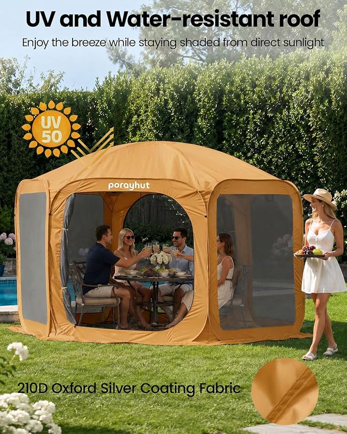 Porayhut Pop up Screen House Tent 12x12FT Sun Shelter with Breathable Mesh Doors,Portable Camping Tent Without Waterproof Floor,Screen Canopy Outdoor for Family Friends Party in Backyard,Park
