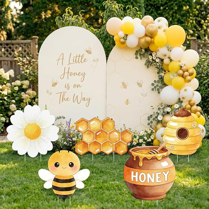 5PCS Bee Party Decorations, What Will Baby Bee Gender Reveal Decorations, Corrugated Plastic Honeybee Cardboard Cutouts for First Bee Day Birthday Party Baby Shower Photo Props Centerpieces