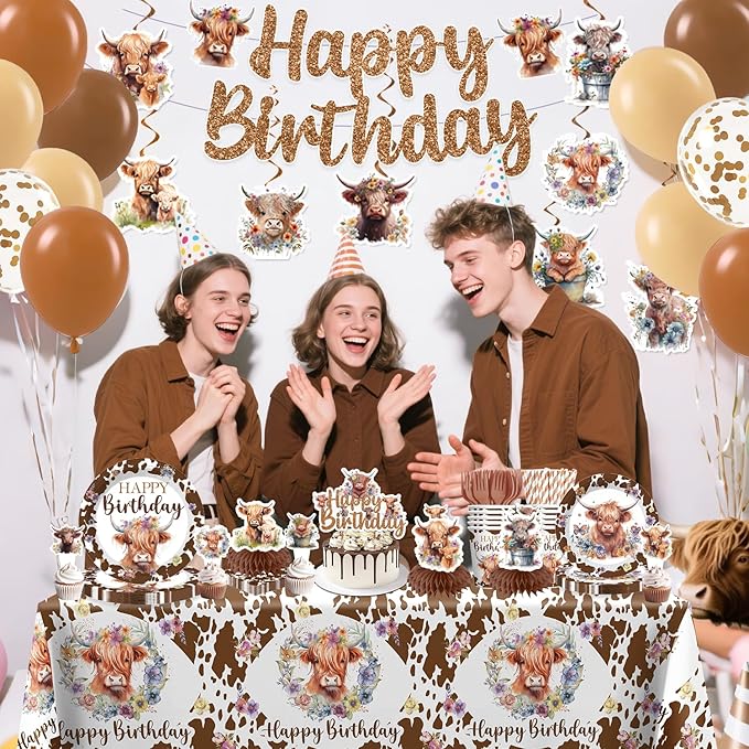 347pcs Brown Cow Birthday Decorations Include Tableware Set, Banner, Hanging, Tablecloth, Balloon, Cupcake Topper, Centerpiece, for Western Farm Animals Kids Birthday Baby Shower, Serves 50