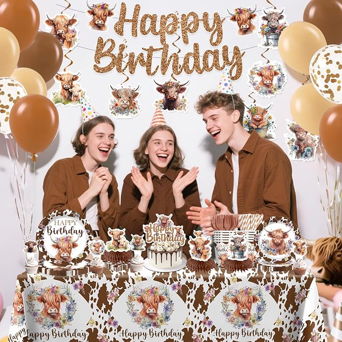 197pcs Brown Cow Birthday Decorations Include Tableware Set, Banner, Hanging, Tablecloth, Balloon, Cupcake Topper, Centerpiece, for Western Farm Animals Kids Birthday Baby Shower, Serves 25