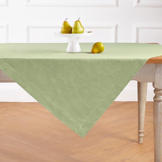Solino Home Linen Cloth Tablecloth 52 x 52 Inch - 100% Pure Linen Chambray Olive Square Tablecloth - Athena, Machine Washable Table Throw for Summer