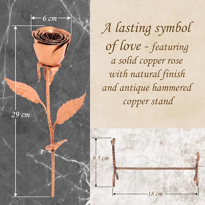 Copper Rose with Stand for 7th or 22nd Anniversary – Handmade Pure Copper Flower with Hammered Stand – Romantic Wedding Gift for Wife or Her