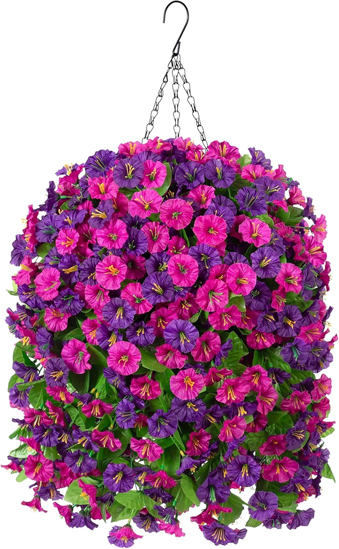 Ammyoo Artificial Fake Hanging Flowers Basket for Spring Decor, Faux Silk Flower in Planter for Summer, Outdoor Artificial Floral for Home Porch Yard(Purple-red Deep Purple)