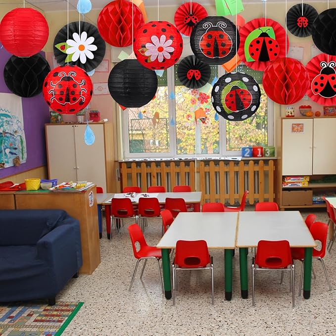 Retisee 18 Pcs Ladybug Party Decorations Kit Red Black Polka Dot Ladybug Flower Paper Lanterns Hanging Decoration Red Black Paper Fans Hanging Honeycomb Ball for Lady-Bug Birthday Party Supplies