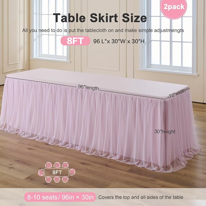 familus Pink Table Cloths 8 Foot Rectangle 2 Pack Stretch Ruffle Tulle Tablecloth Spandex Fitted Table Cover for 8 Foot Tulle Table Skirts for Party Wedding Table Cloths, Banquets