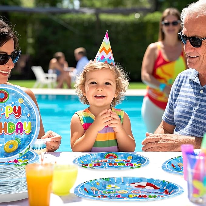 96Pcs Two Cool Pool Birthday Party Decorations Summer Swimming 2nd Party Plates Disposable Beach 2nd Birthday Tableware for Summer Beach Pool Swimming Kids 2 Years Old Hawaiian Decor, Serves 24