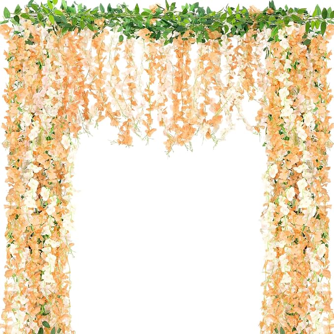 Thiccywoov 4pcs Wisteria Artificial Flowers Garland, 7.2Ft/Piece Wisteria Hanging Flowers Garland for Wedding Arch Decoration Outdoor Ceremony Home Backdrop Garden (Champagne,Orange)