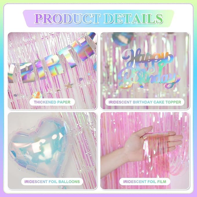 Mermaid Birthday Decorations for Girls Women, Iridescent Birthday Party Decorations, Happy birthday Banner, Pastel Balloons, Fringe Curtains, Star Garland, Cake Toppers for Under the Sea Party Decor