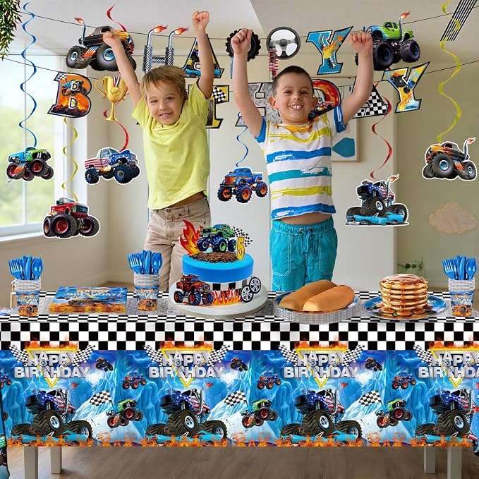 177pcs Monster Truck Birthday Decorations Plates Napkins Disposable Tableware Set Include Plates, Napkins, Cups, Cutlery, Banner, Hanging Swirls, Tablecloth for Monster Truck Party Supplies Serve 24 ﻿