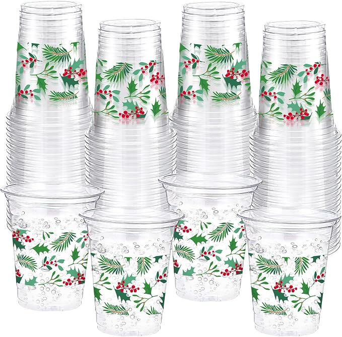 Funnymoom 60 Pack Christmas Plastic Cups 12 oz Seasonal Holly Leaf Disposable Clear Plastic Drinking Cups for Xmas Christmas Winter Holiday Party Decoration Supplies