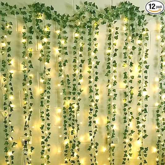 DEKEones 12 Packs Artificial Ivy, 84FT Garland Hanging Plants Fake Vines with 200 LED String Light for Bedroom Wedding Party Garden Wall Room Home Decor