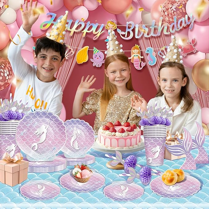 146Pcs Shell Plates and Napkins Iridescent Mermaid Party Supplies Includes Plates, Napkin, Fork, Cup, Straw, Tablecloth, Banner Seashell for Under the Sea Birthday Party Decorations, Serves 24