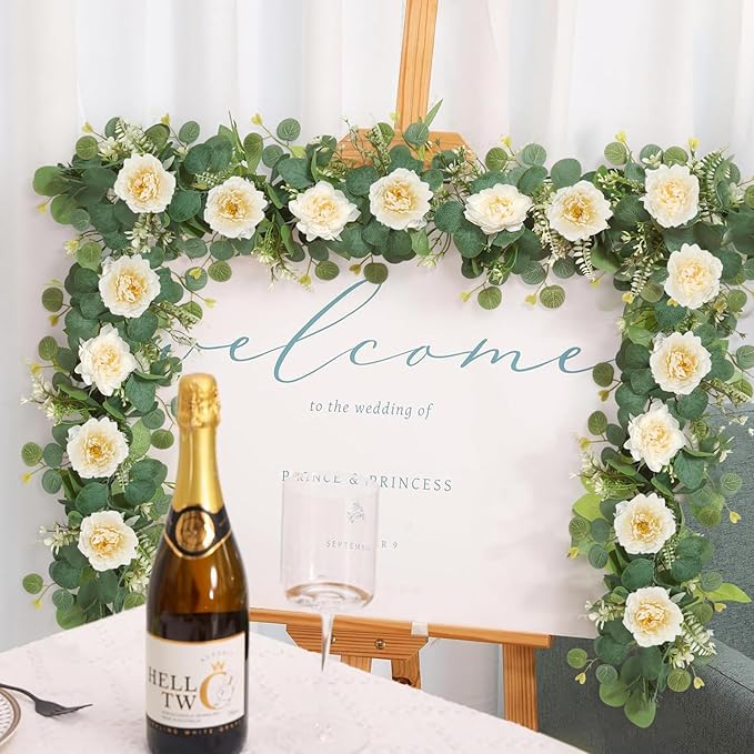 DEMIUKO 4PCS 6.56Ft Artificial Eucalyptus Flower Garland Fake Peony Flower Vine Faux Eucalyptus Leaves Greenery Garlands Spring Garland for Wedding Party Centerpiece Arch Table Runner Backdrop Decor