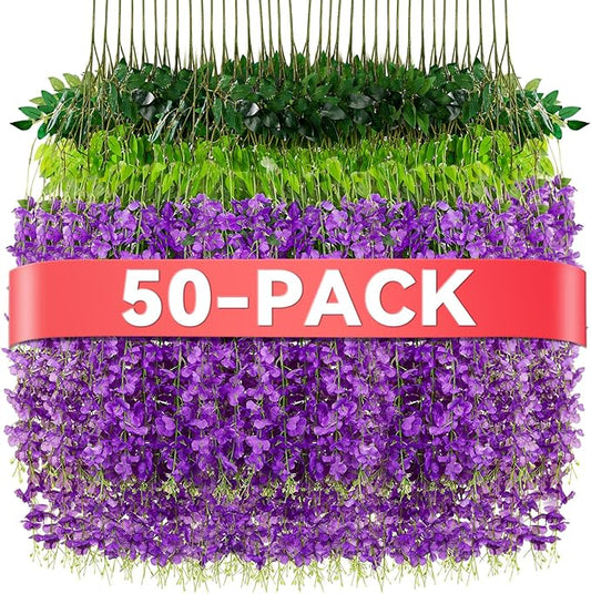 Alotiki Wisteria Hanging Flowers,50 Pack Fake Hanging Flowers,Wisteria Artificiales Garland for Home Wedding Arch Floral Party Garden Ceremony Outdoor Decor,3.6 Feet Long(50,Purple)