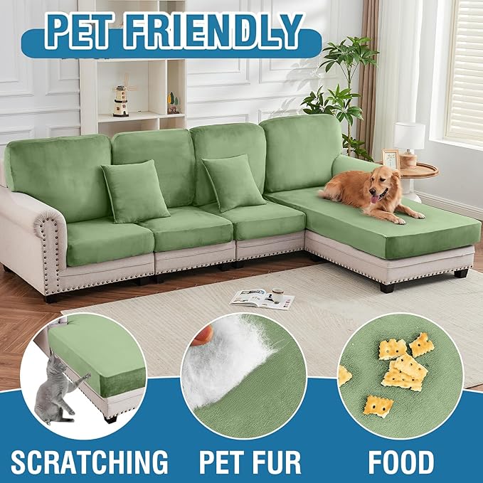 Couch Cover 3-Piece Elastic Velvet Couch Cushion Covers & Chaise Slipcovers for L-Shaped Sofas, Sofa Seat Covers Washable, Soft Cover for Couches (2 Seater + Chaise, Avocado Green)