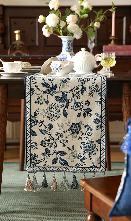 bilin gaier Blue and White Floral Linen Small Table Runner,Wrinkle-Resistant Luxury Farmhouse Decor,Decorative Vintage Runner Table Cloth for Coffee & Dining Table and Living Room,12"x63" - SuqingA