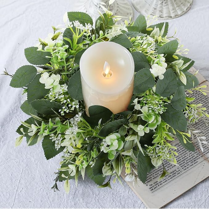 3PCS Artificial Eucalyptus Leaves Wreaths Candle Rings Wreaths Summer Greenery Garland Pillar Holder for Home Wedding Party Table Centerpiece Green