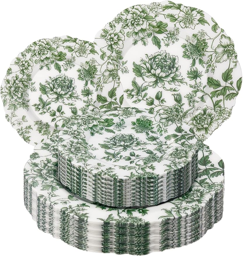 WDF 20PCS Green Plastic Plates Floral - Baroque White and Green Plates - Floral Party Decorations for Birthdays/Tea Party
