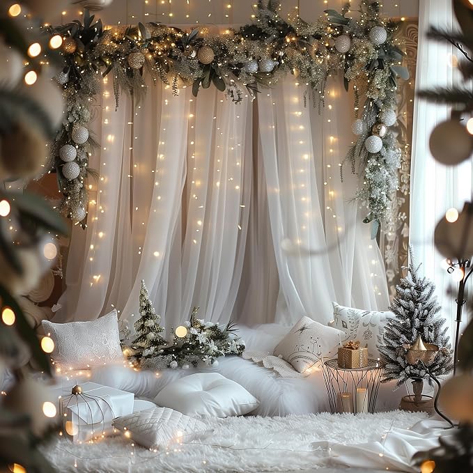 Fomcet White Tulle Backdrop Curtains with Lights String 10FT X 10FT Sheer Curtain with Lights Tulle Curtains Backdrop for Wedding Birthday Party Photo Shoot (2 Panels 5x10FT)