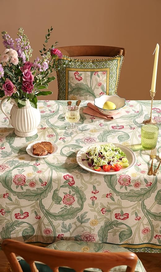 patdrea Vintage French Linen Tablecloth,Rectangular,71"x55"-Cecilia A | Colorful Elegant Table Cloth for Rectangle Table,Floral Vine Patterned,for Dining Room Tea Party Thanksgiving
