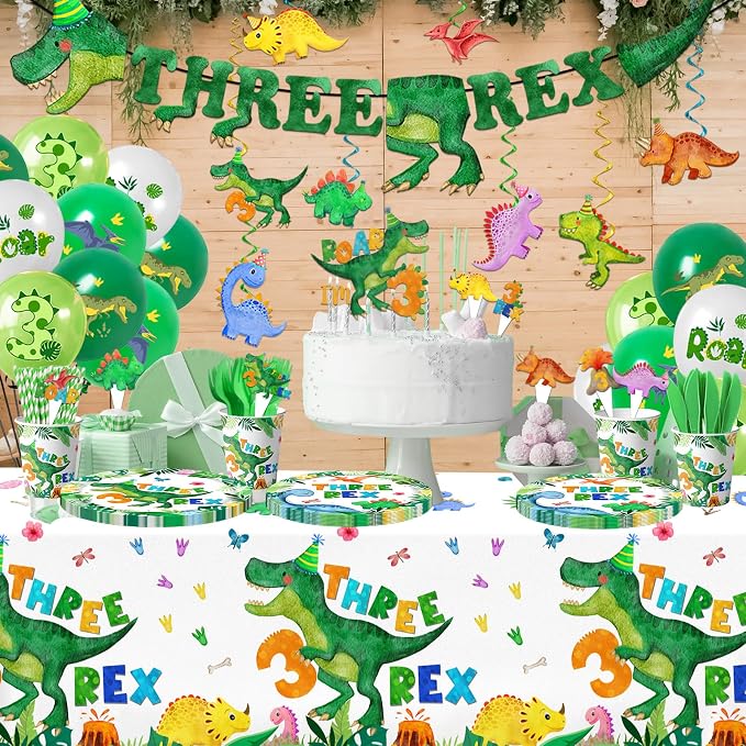 214pcs Three Rex Birthday Decorations Tableware Boy,Dinosaur Paper Plates and Napkins for Birthday Party,12 Balloons,Banner,Tablecloth,Cups,TRex Dinosaur Theme 3 Year Old Boy Party Supplies,Serve 24