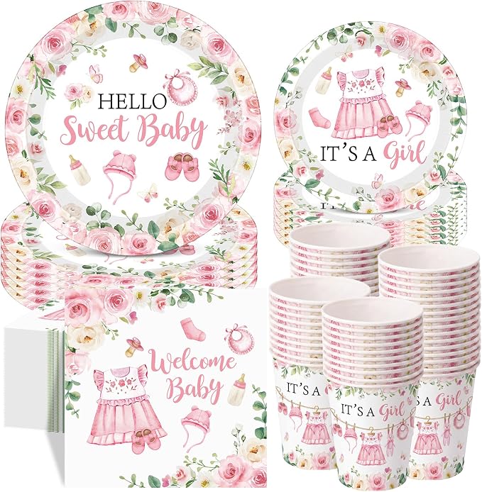 Pickmesh 250 Pcs Pink Floral Baby Girl Disposable Tableware Set Hello Sweet Baby Paper Plates Napkins Cups Cutlery for Gender Reveal Birthday Party Supplies Babies Shower, Serve 50 Guest