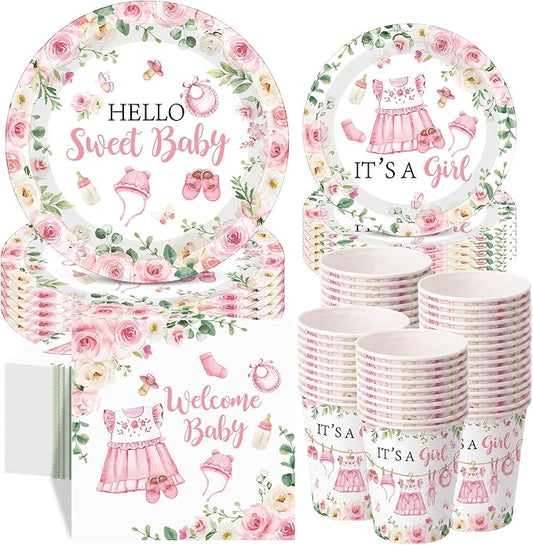 Pickmesh 250 Pcs Pink Floral Baby Girl Disposable Tableware Set Hello Sweet Baby Paper Plates Napkins Cups Cutlery for Gender Reveal Birthday Party Supplies Babies Shower, Serve 50 Guest