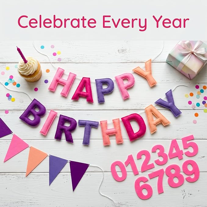 Pre-Strung Felt Happy Birthday Banner Decorations for Women Men | 3D Pink Birthday Party Decorations Sign with Replaceable Numbers 0-9,Multicolor Felt Ball & Triangle Flags Garland (Pink)