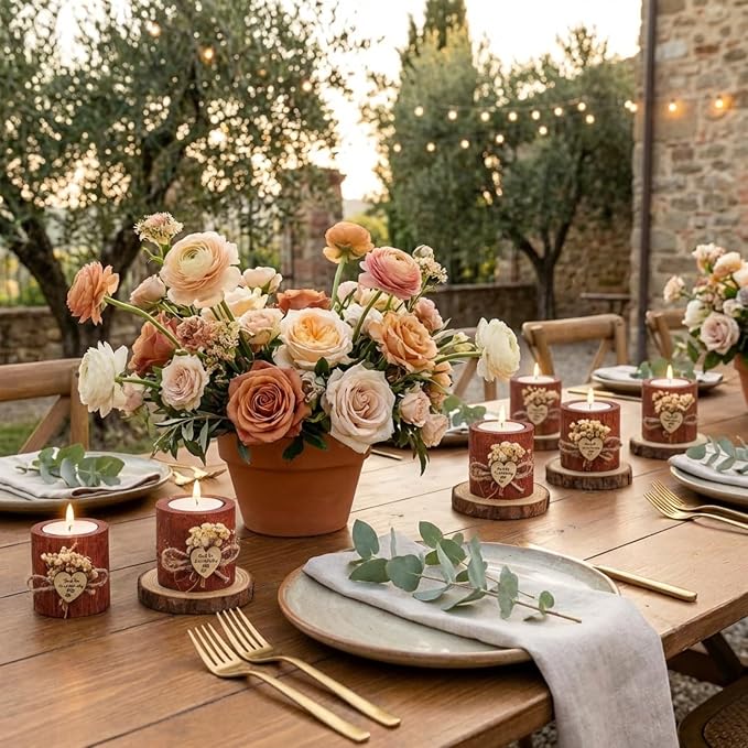 12 Pcs Rustic Wedding Party Favor Candle Holders Bridal Shower Favors Wooden Candles Favors Gifts Souvenirs for Guest Romantic Gifts Wedding Decorations (Dark Brown)