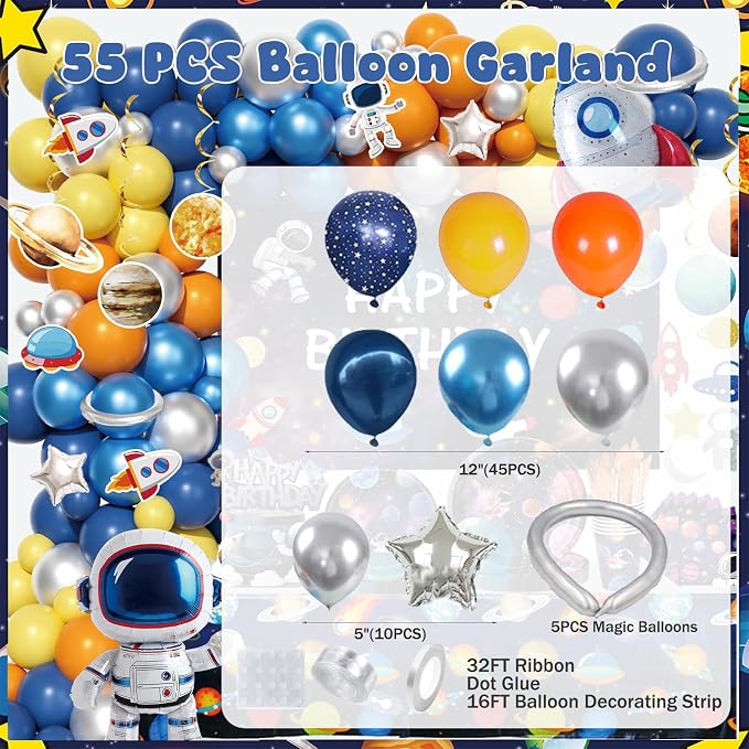 Hombae Outer Space Birthday Party Decorations, Space Themed Party Supplies with Balloons, Backdrop, Dinner & Dessert Plates, Banner, Tablecloth, Cups, Napkins, Cutlery for Kids Birthday