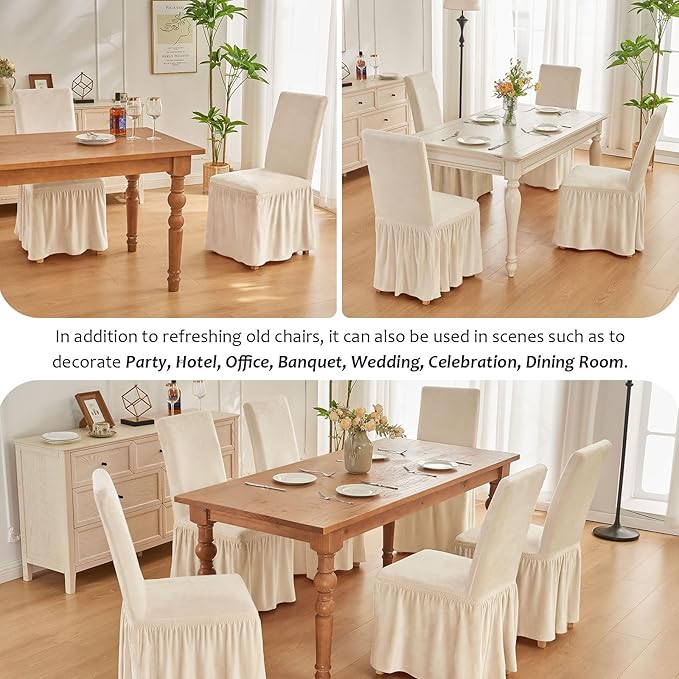 NICEEC Spandex Chair Covers for Dining Chairs Covers Set of 4 Removable Dining Room Chair Covers with Skirt Parson Chair Slipcovers Washable Chair Protector for Kitchen Wedding Party Banquet(Beige)