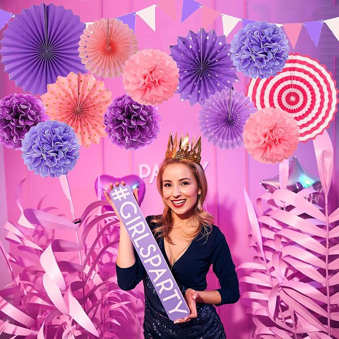 Purple Party Decorations Set Neon Colored Pink and Purple Birthday Party Hanging Paper Fan Tissue Pom Poms Streamers Summer Party Supplies Tassel Garland Banner