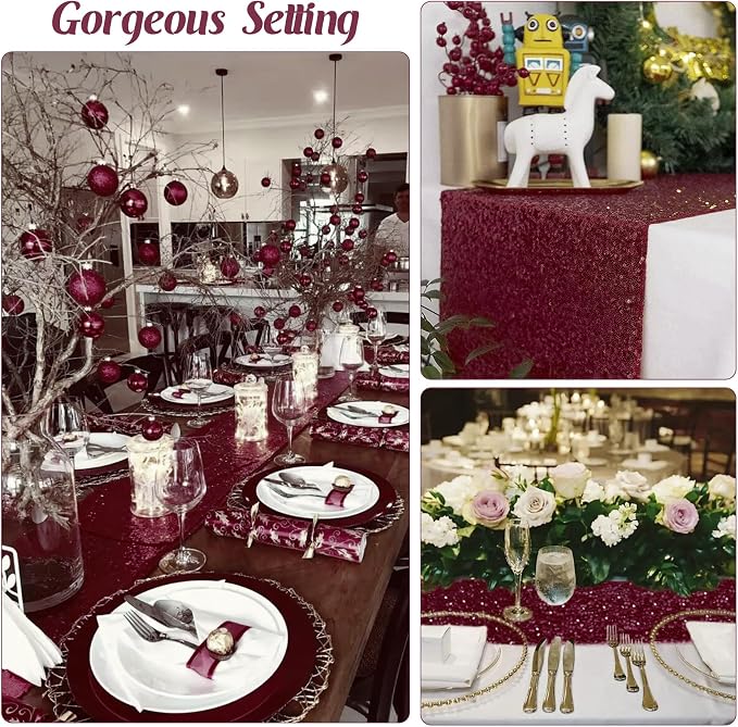 6 Pack Burgundy Red Valentine's Day Sequin Table Runner 12" x 72" Sparkle Table Runner for Baby Bridal Shower Wedding Birthday Party Table Decor (Burgundy)