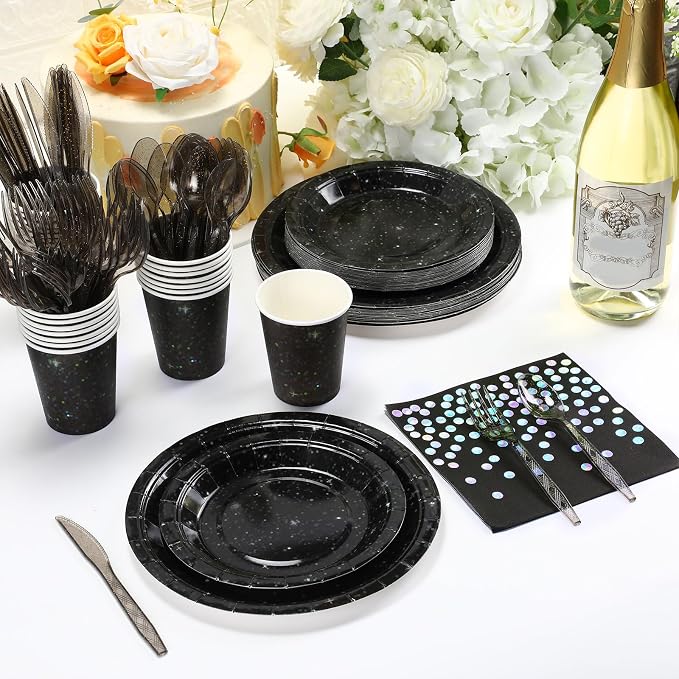 Hushee 175 Pcs 25 Guests Black Paper Party Plates and Cups Napkins Sets Holographic Glitter Disposable Dinnerware Plastic Forks Knives Spoons Birthday Bachelorette Wedding Party Supplies