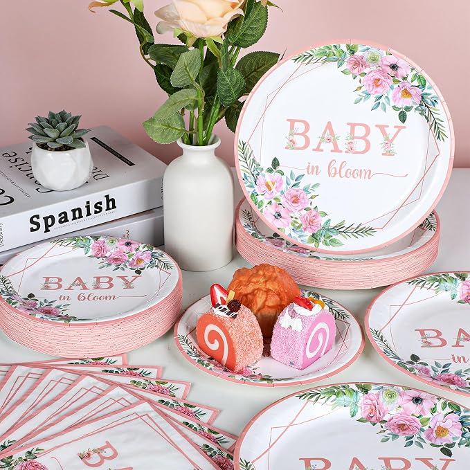 gisgfim 50 Guests Baby in Bloom Party Supplies Baby In Bloom Floral Plates and Napkins Plastic Forks Girl Floral Tableware Pink Flower Paper Plates for Birthday Party 200PCS