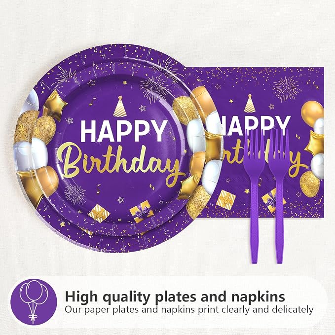 96Pcs Purple and Gold Birthday Party Decorations for Women Purple and Gold Happy Birthday Plates and Napkins Sets Princess Decorations for Girls Lady Bday Party Supplies Serves 24