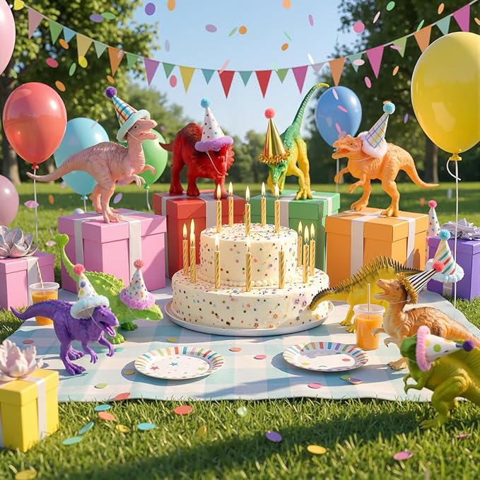 Colingmill 18 Pcs Colorful Dinosaur Birthday Party Decorations Mini Birthday Hat Animal Figure Model Cake Toppers with Mini Hat for Animals Themed Party