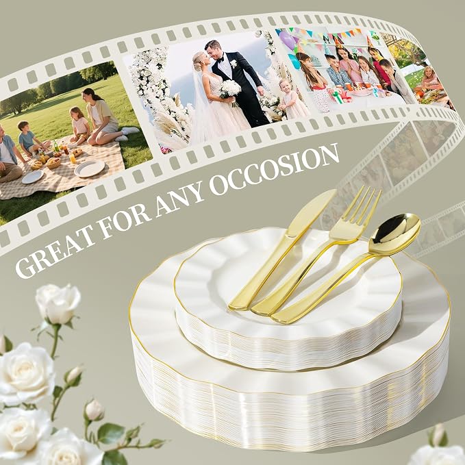 125PCS Ivory Plastic Plates Sets with Gold Rim, Gold Dinnerware Set for 25 Guests, 50 Disposable Dinner and Dessert Plates, 75 Silverwares for Party and Wedding