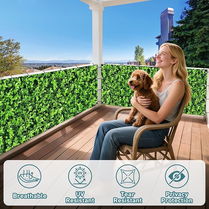 Shade&Beyond 3' X 7' Privacy Fence Screen Customized 450 GSM PVC Printed Privacy Fence with Zip Ties for Courtyards, Pools, Balconies-Green Leaves