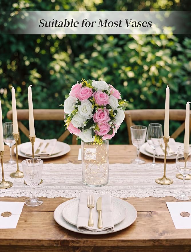 BLOSMON Flower Balls Centerpieces for Table: 6 Pcs Pink White Faux Roses | 9.5 Inch Fake Kissing Floral Ball Arrangements for Wedding - Artificial Flower Bouquet with Base Home Party DIY Decor