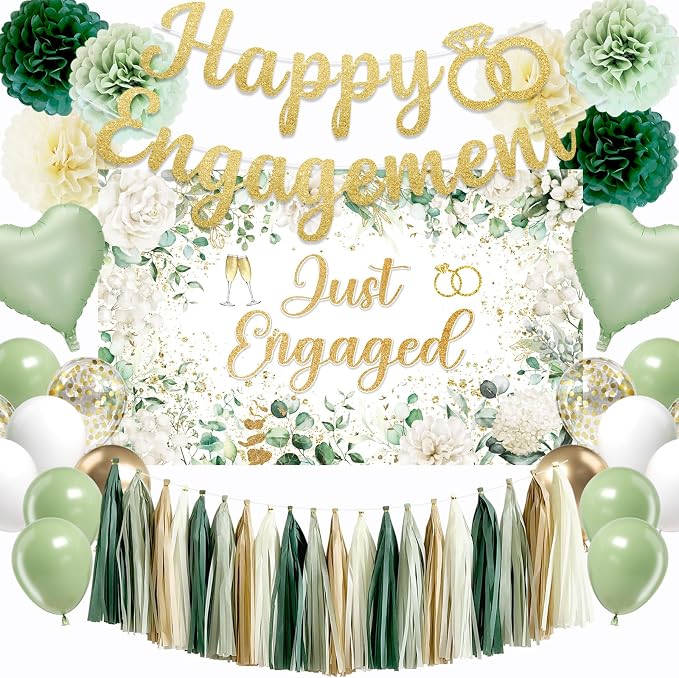 Sage Green Engagement Party Decorations for Couple Just Engaged Decorations, Happy Engagement Banner, Backdrop, Tissue Paper Pom Poms, Balloons, Tassel Garland for Wedding Bachelorette Party Decorations