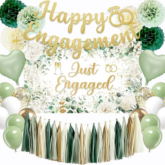 Sage Green Engagement Party Decorations for Couple Just Engaged Decorations, Happy Engagement Banner, Backdrop, Tissue Paper Pom Poms, Balloons, Tassel Garland for Wedding Bachelorette Party Decorations