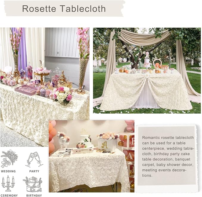 Ivory Rosette Tablecloth Wedding Decoration 50x80Inch Satin Tablecloth Flower Table Cover for Wedding Baby Shower Home Party Table Decoration